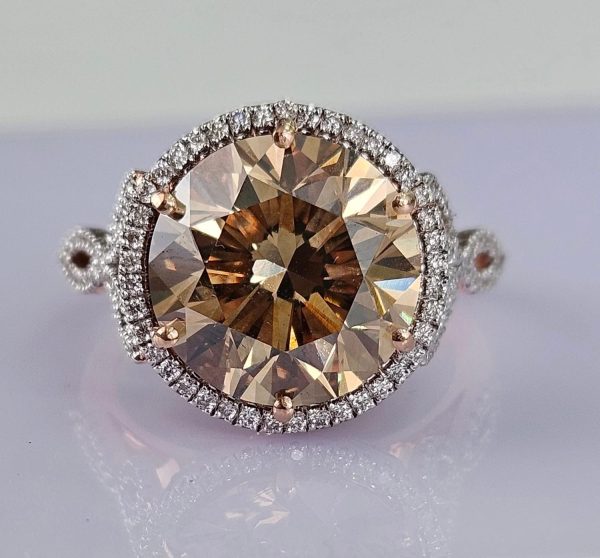 Cognac Swirl Rose Gold Floral Diamond Ring - 6.51ct Fancy Yellow-Brown