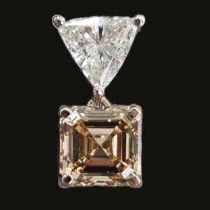 Champagne Deco Diamond Drops: Fancy Yellow Brown Asscher cut diamond beneath a trillion-cut top